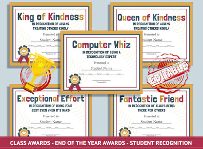 Editable Student of the Month Awards, End of School Year Awards, Student Recognition, PDF File, Instant Download