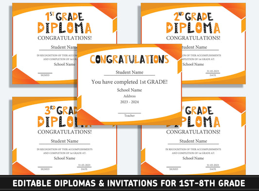 Editable 6th Grade Awards, 1st to 8th Grade Diploma, Certificate of Completion & Invitation, PDF File, Instant Download