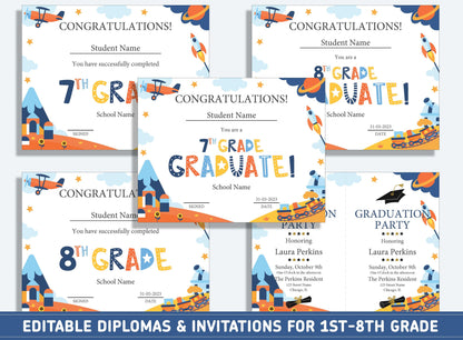 Editable 1st Grade Awards, 1st to 8th Grade Diploma, Certificate of Completion & Invitation, PDF File, Instant Download