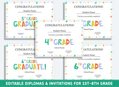 Editable 2nd Grade Awards, 1st to 8th Grade Diploma, Certificate of Completion & Invitation, PDF File, Instant Download