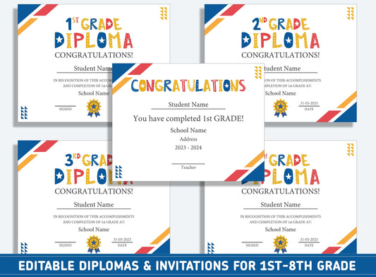 Editable 4th Grade Awards, 1st to 8th Grade Diploma, Certificate of Completion & Invitation, PDF File, Instant Download