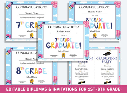 Editable 5th Grade Awards, 1st to 8th Grade Diploma, Certificate of Completion & Invitation, PDF File, Instant Download