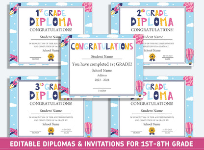Editable 5th Grade Awards, 1st to 8th Grade Diploma, Certificate of Completion & Invitation, PDF File, Instant Download