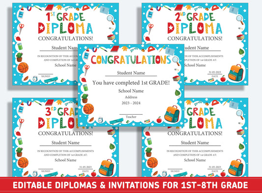 Editable 1st Grade Graduation, 1st to 8th Grade Diploma, Certificate of Completion & Invitation, PDF File, Instant Download