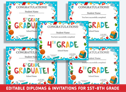 Editable 1st Grade Graduation, 1st to 8th Grade Diploma, Certificate of Completion & Invitation, PDF File, Instant Download