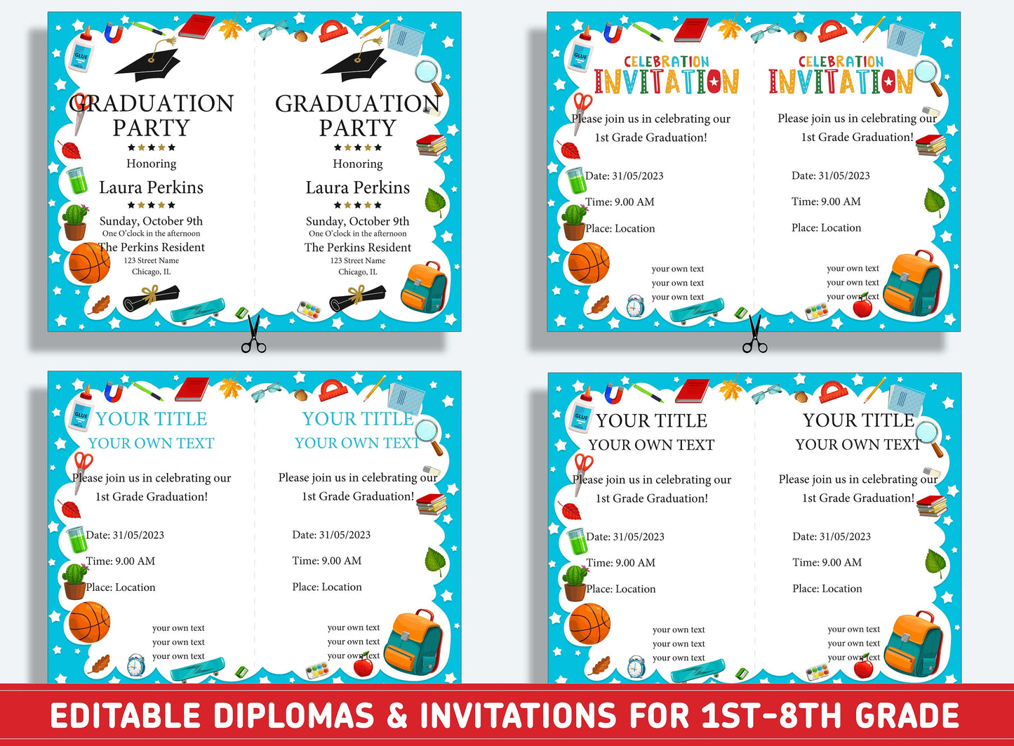 Editable 1st Grade Graduation, 1st to 8th Grade Diploma, Certificate of Completion & Invitation, PDF File, Instant Download