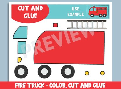 Fire Truck Craft Activity : Fire Safety - Color, Cut, and Glue, PDF File, Instant Download