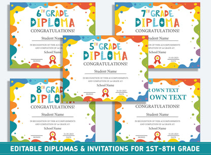 Editable 2nd Grade Graduation, 1st to 8th Grade Diploma, Certificate of Completion & Invitation, PDF File, Instant Download