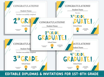 Editable 3rd Grade Graduation, 1st to 8th Grade Diploma, Certificate of Completion & Invitation, PDF File, Instant Download