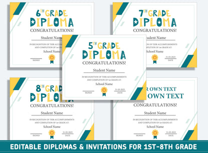 Editable 3rd Grade Graduation, 1st to 8th Grade Diploma, Certificate of Completion & Invitation, PDF File, Instant Download