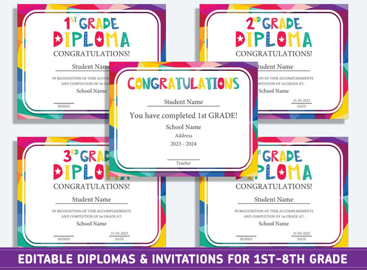 Editable 4th Grade Graduation, 1st to 8th Grade Diploma, Certificate of Completion & Invitation, PDF File, Instant Download