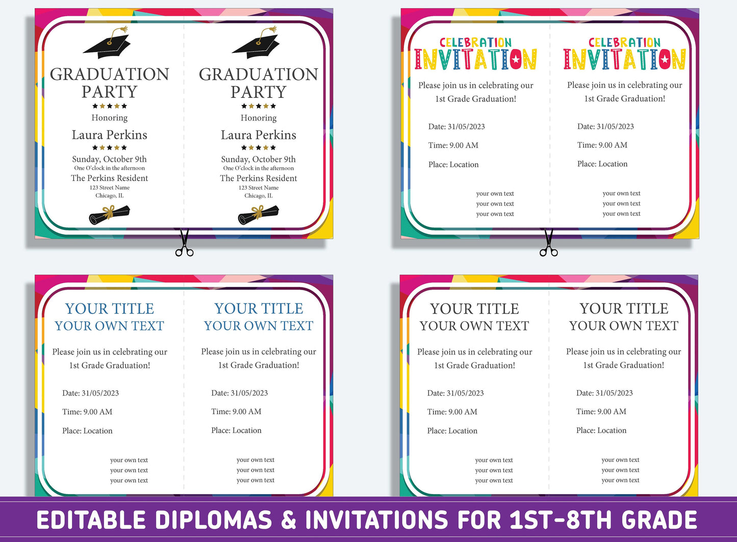 Editable 4th Grade Graduation, 1st to 8th Grade Diploma, Certificate of Completion & Invitation, PDF File, Instant Download