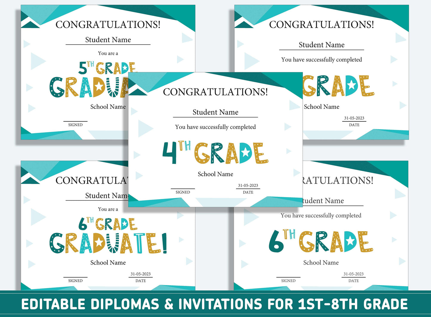 Editable 7th Grade Graduation, 1st to 8th Grade Diploma, Certificate of Completion & Invitation, PDF File, Instant Download