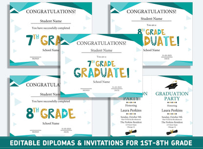 Editable 7th Grade Graduation, 1st to 8th Grade Diploma, Certificate of Completion & Invitation, PDF File, Instant Download