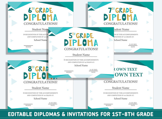 Editable 7th Grade Graduation, 1st to 8th Grade Diploma, Certificate of Completion & Invitation, PDF File, Instant Download