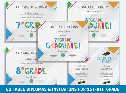 Editable 8th Grade Graduation, 1st to 8th Grade Diploma, Certificate of Completion & Invitation, PDF File, Instant Download