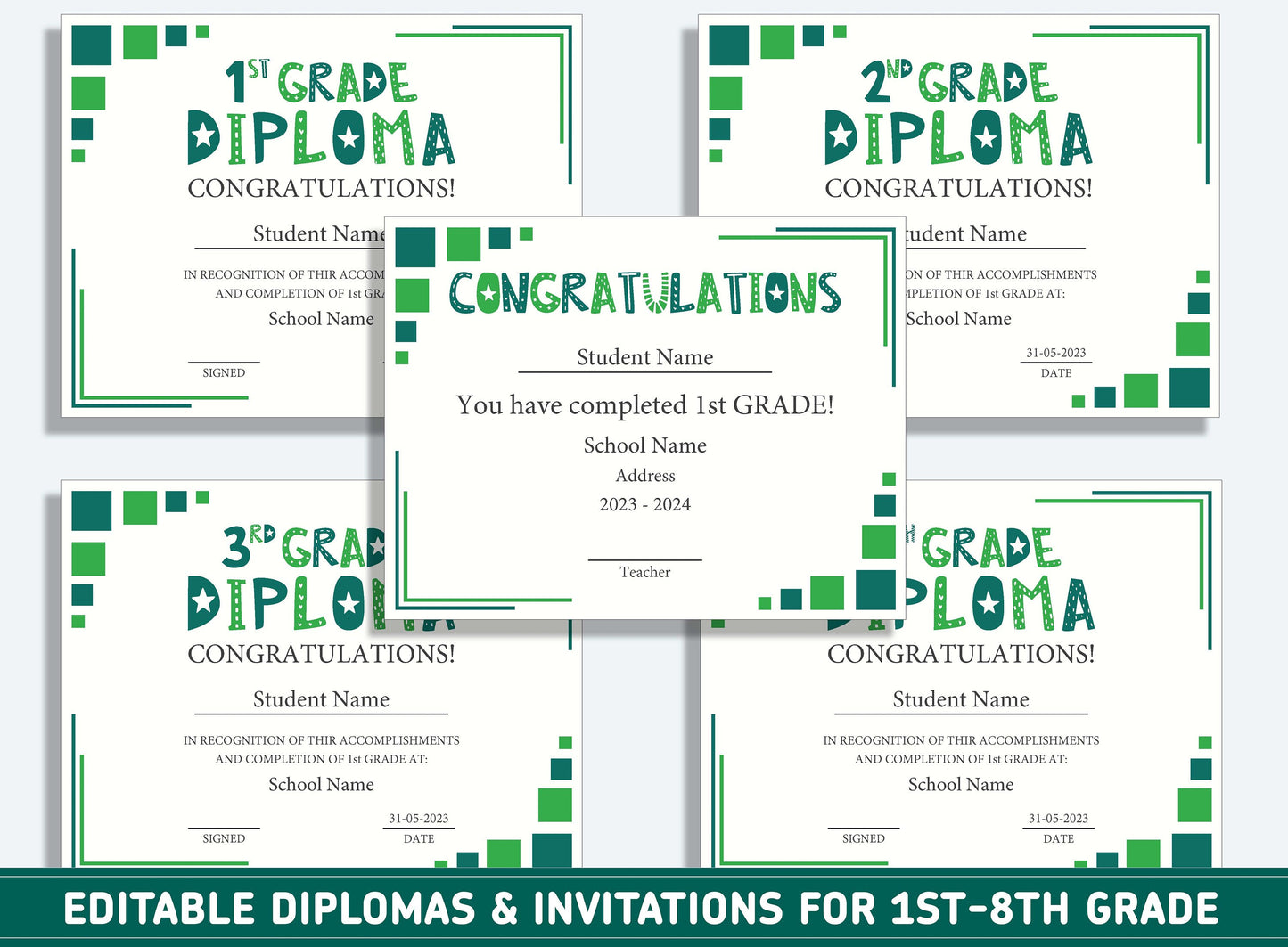 Editable 7th Grade Awards, 1st to 8th Grade Diploma, Certificate of Completion & Invitation, PDF File, Instant Download