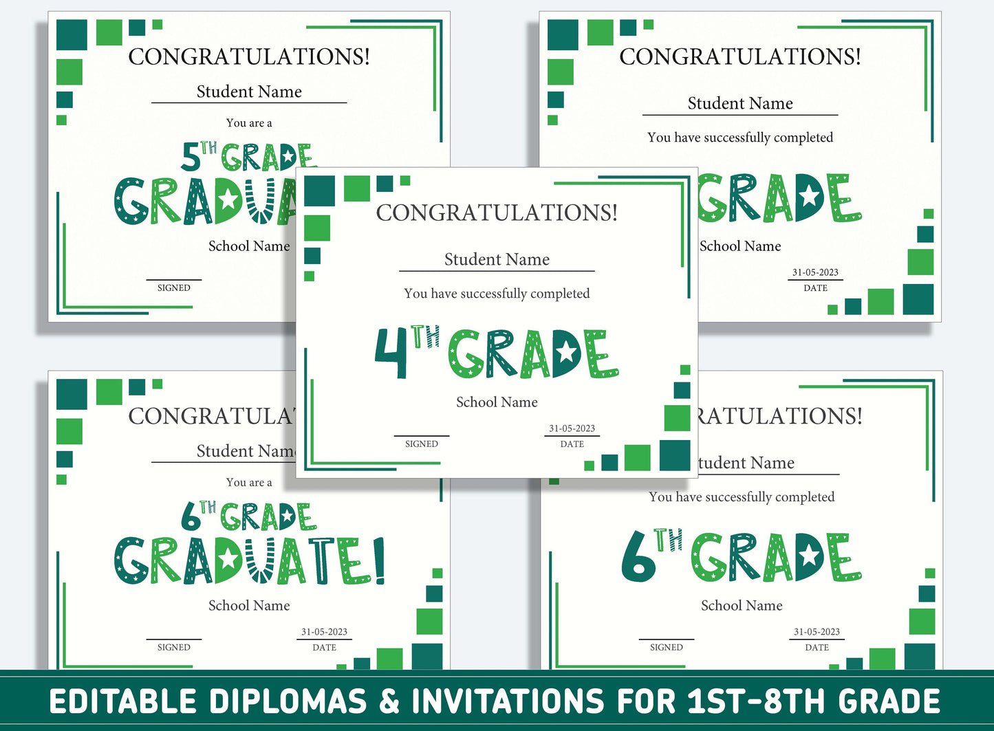 Editable 7th Grade Awards, 1st to 8th Grade Diploma, Certificate of Completion & Invitation, PDF File, Instant Download