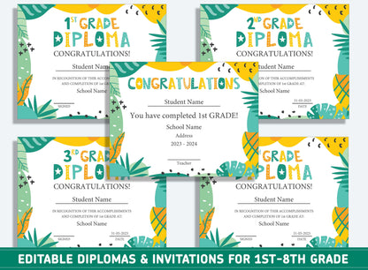 Editable 8th Grade Awards, 1st to 8th Grade Diploma, Certificate of Completion & Invitation, PDF File, Instant Download