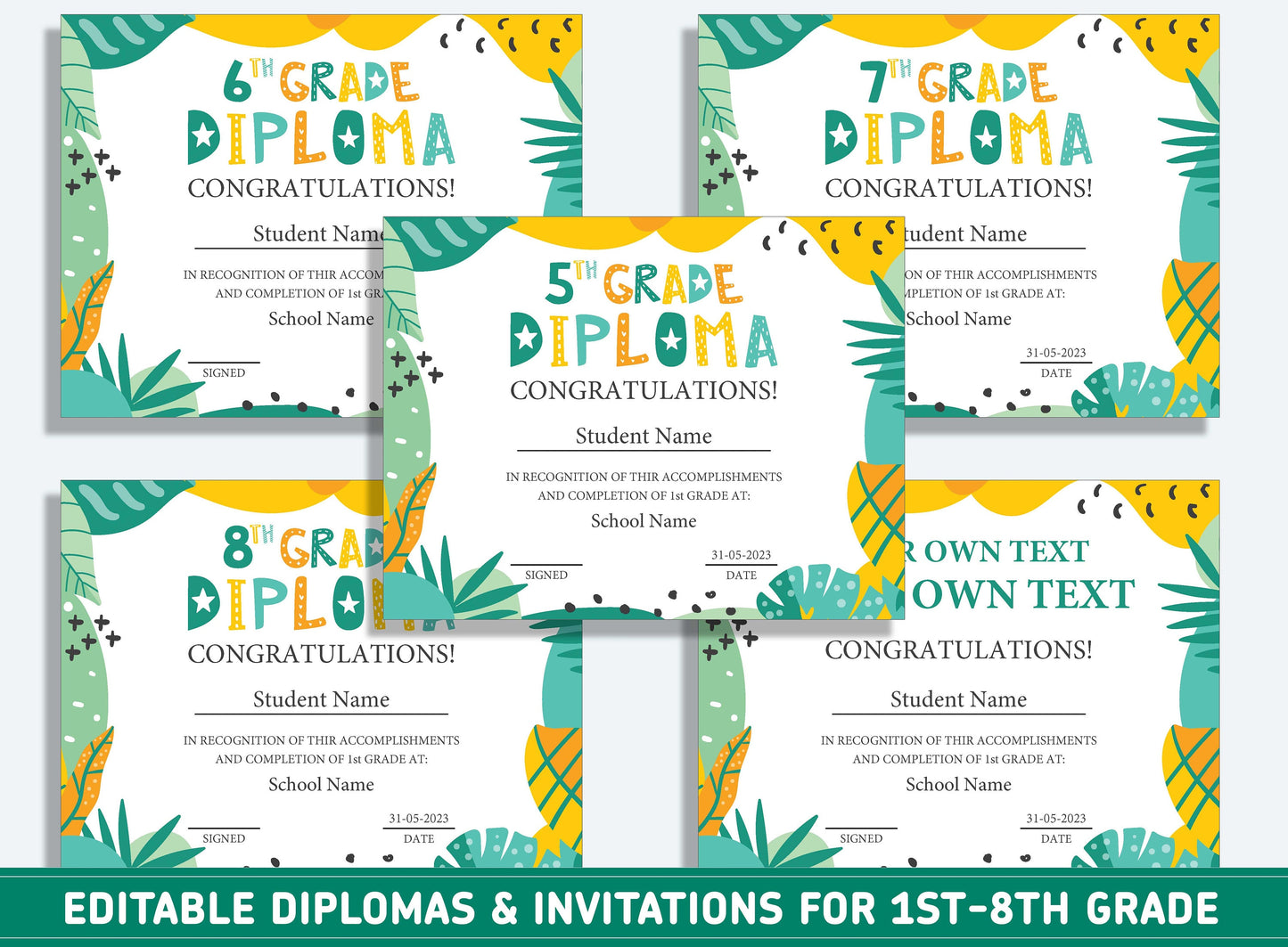 Editable 8th Grade Awards, 1st to 8th Grade Diploma, Certificate of Completion & Invitation, PDF File, Instant Download