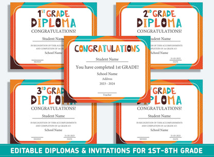 Editable 8th Grade Diploma, 1st to 8th Grade Diploma, Certificate of Completion & Invitation, PDF File, Instant Download