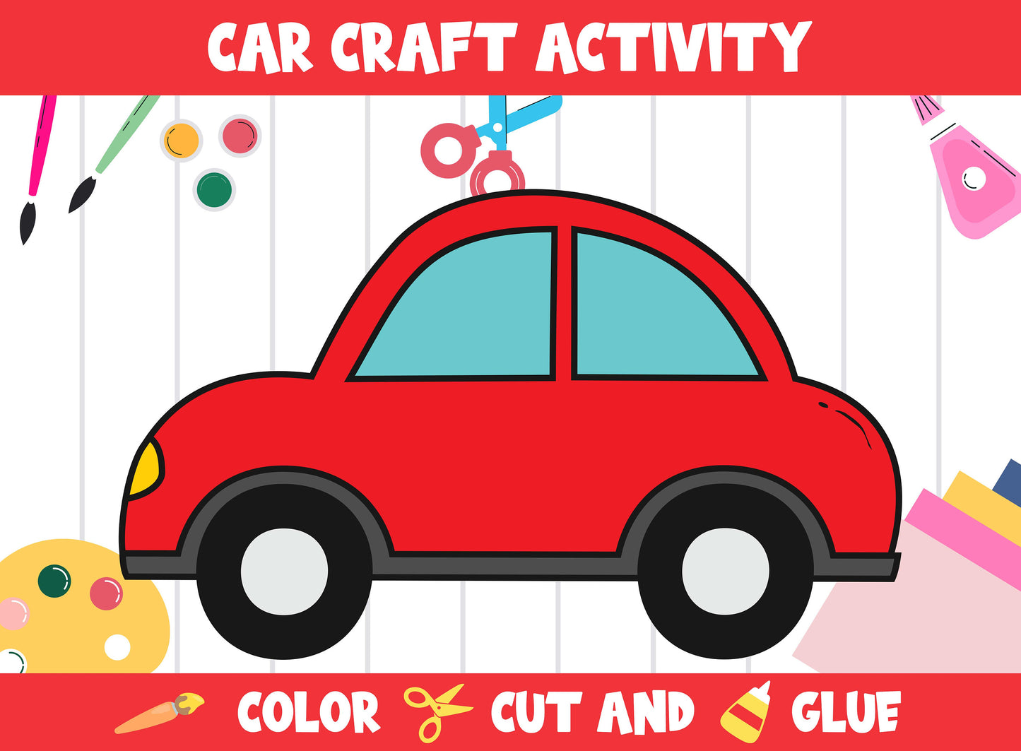 Car Craft Activity - Color, Cut, and Glue for PreK to 2nd Grade, PDF File, Instant Download