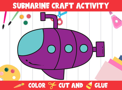Submarine Craft Activity - Color, Cut, and Glue for PreK to 2nd Grade, PDF File, Instant Download