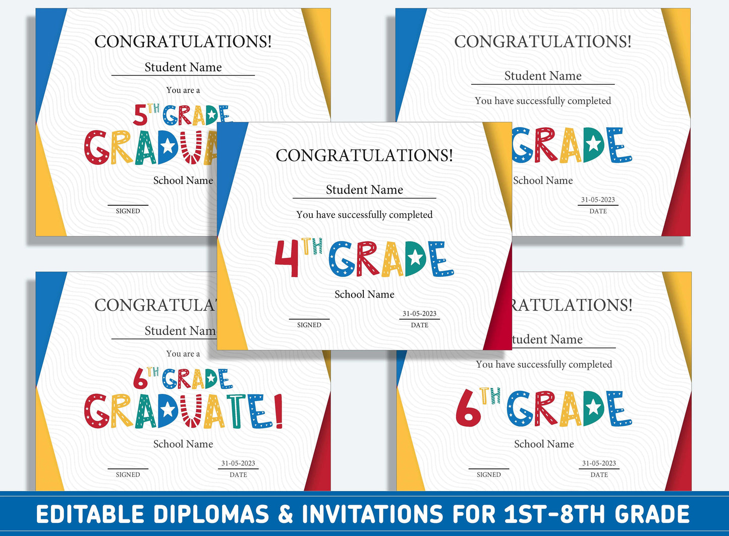 Editable 2nd Grade Graduation Certificate, 1st to 8th Grade Diploma, Certificate of Completion & Invitation, PDF File, Instant Download