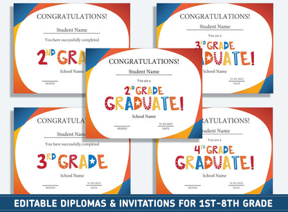 Editable End of 3rd Grade Certificate, 1st to 8th Grade Diploma, Certificate of Completion & Invitation, PDF File, Instant Download