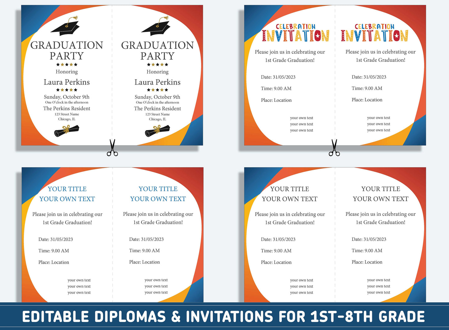 Editable End of 3rd Grade Certificate, 1st to 8th Grade Diploma, Certificate of Completion & Invitation, PDF File, Instant Download