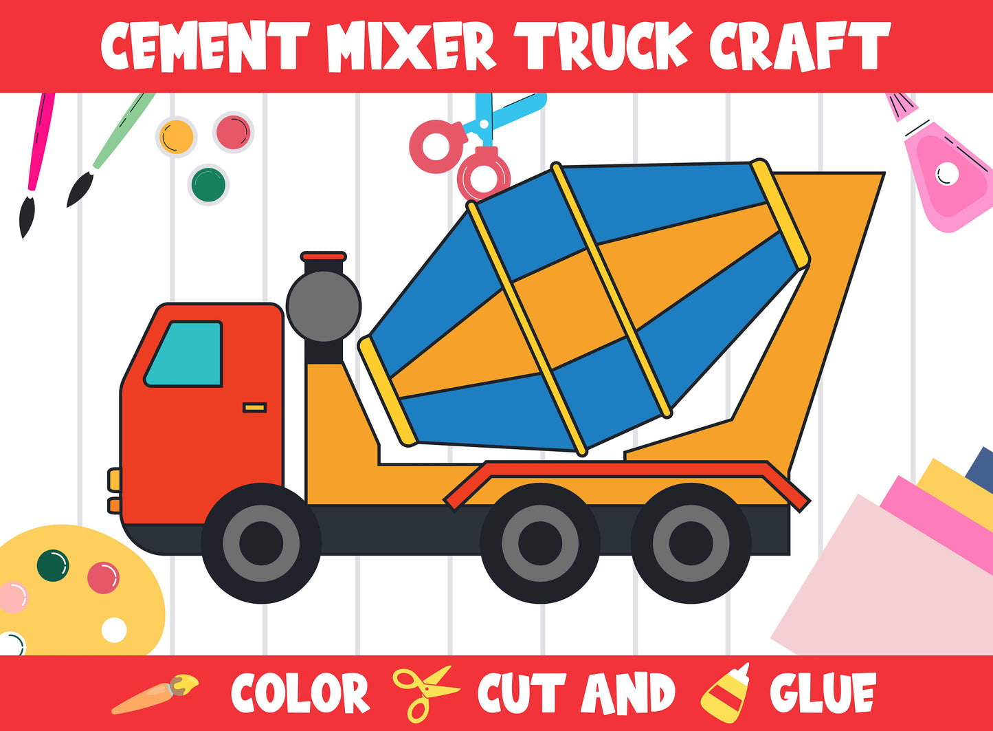 Cement Mixer Truck Craft Activity - Color, Cut, and Glue for PreK to 2nd Grade, PDF File, Instant Download