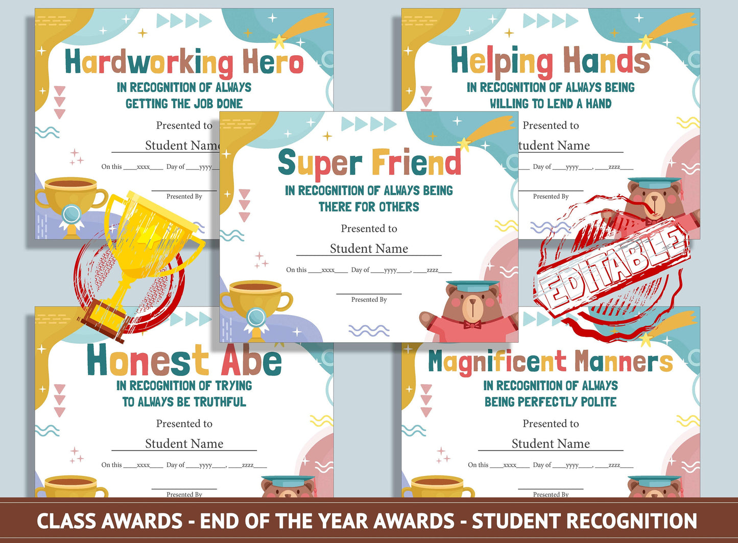 Class Awards Editable - End of the Year Awards - Student Recognition, PDF File, Instant Download
