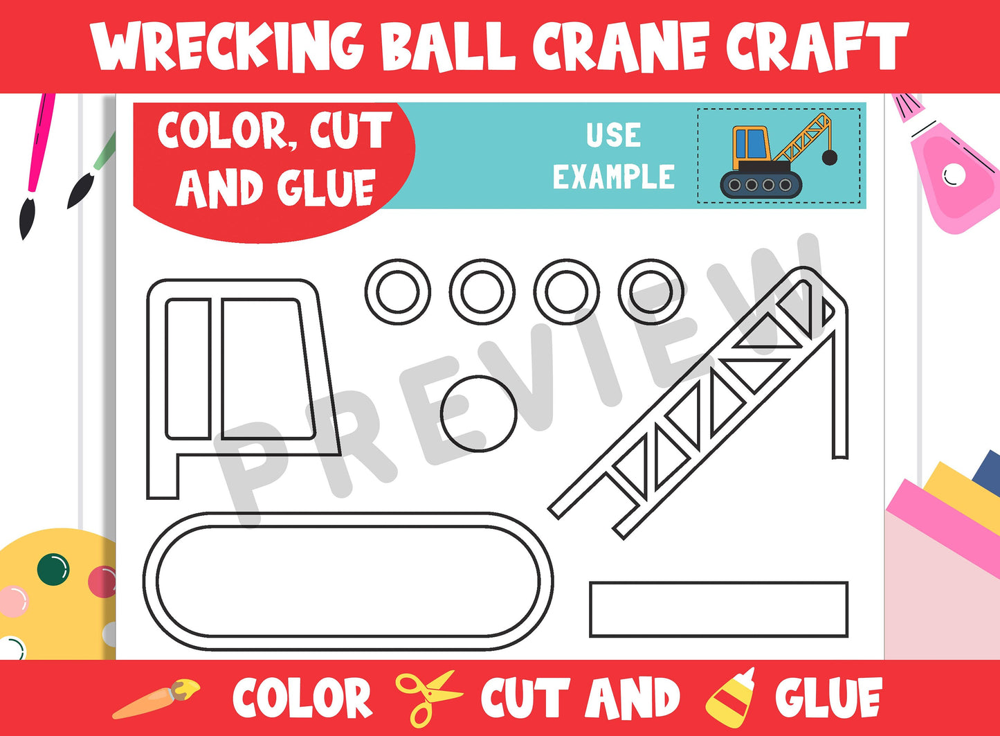 Wrecking Ball Crane Craft Activity - Color, Cut, and Glue for PreK to 2nd Grade, PDF File, Instant Download