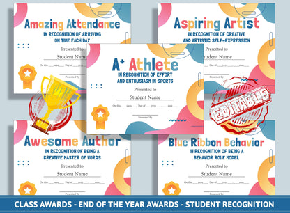 Editable Class Awards - End of the Year Awards - Student Recognition, PDF File, Instant Download