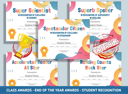 Editable Class Awards - End of the Year Awards - Student Recognition, PDF File, Instant Download