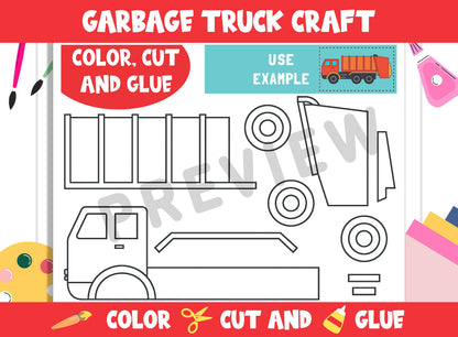 Garbage Truck Craft Activity - Color, Cut, and Glue for PreK to 2nd Grade, PDF File, Instant Download
