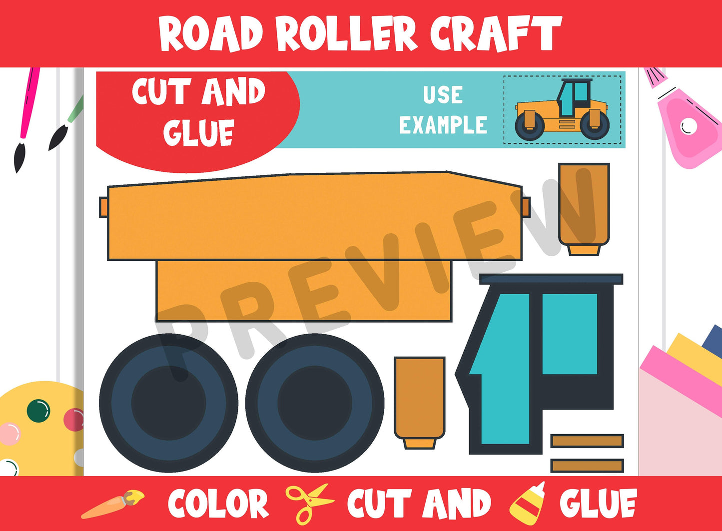 Road Roller Craft Activity - Color, Cut, and Glue for PreK to 2nd Grade, PDF File, Instant Download