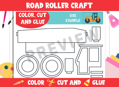 Road Roller Craft Activity - Color, Cut, and Glue for PreK to 2nd Grade, PDF File, Instant Download