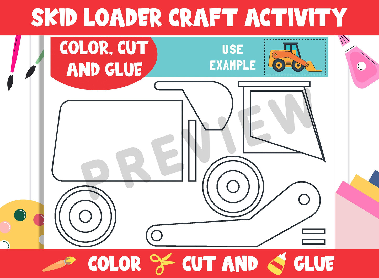 Skid Loader Craft Activity - Color, Cut, and Glue for PreK to 2nd Grade, PDF File, Instant Download