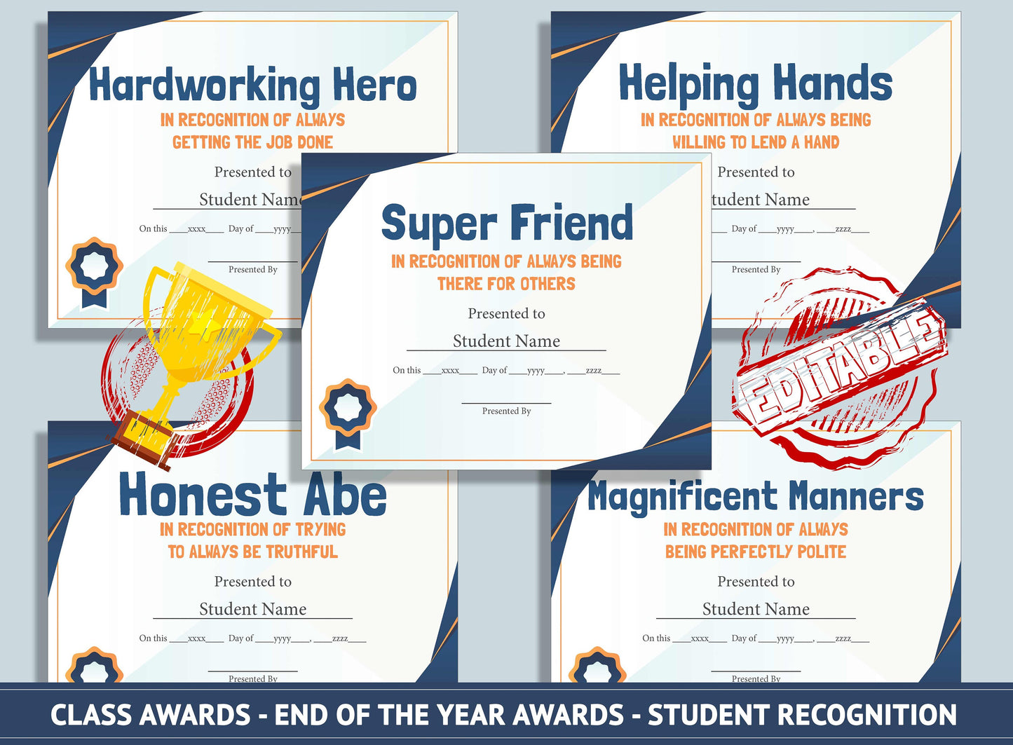 Editable Class Awards Middle School End of the Year, Student Recognition, PDF File, Instant Download
