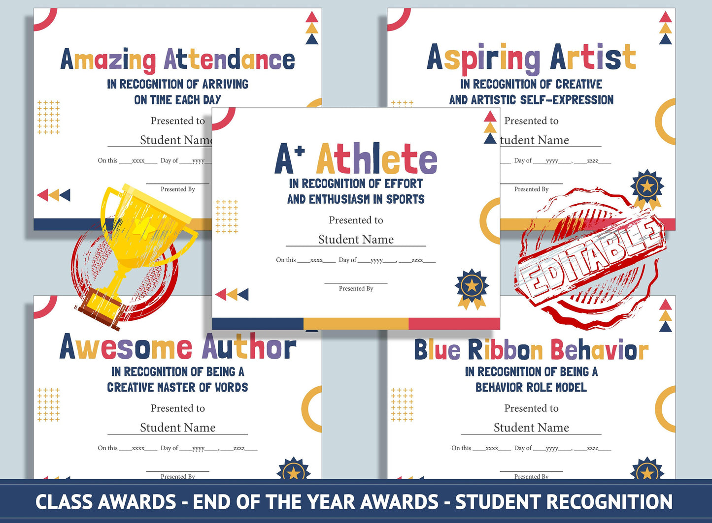 Editable Classroom Awards for Middle and High School Students, End of School Year Awards, Student Recognition, PDF File, Instant Download