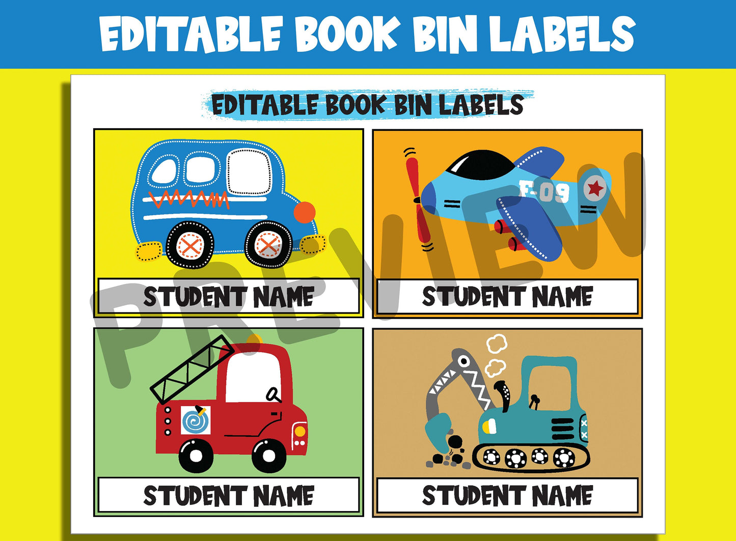 Editable Vehicle Book Bin Labels: 16 Customizable Designs for Perfect Classroom Decor