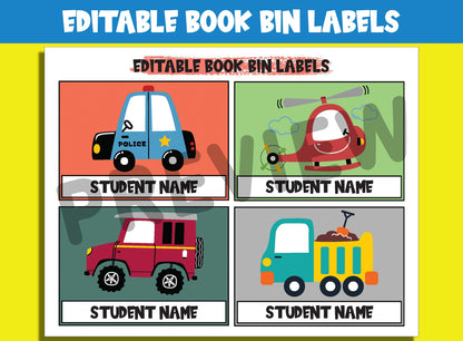 Editable Vehicle Book Bin Labels: 16 Customizable Designs for Perfect Classroom Decor