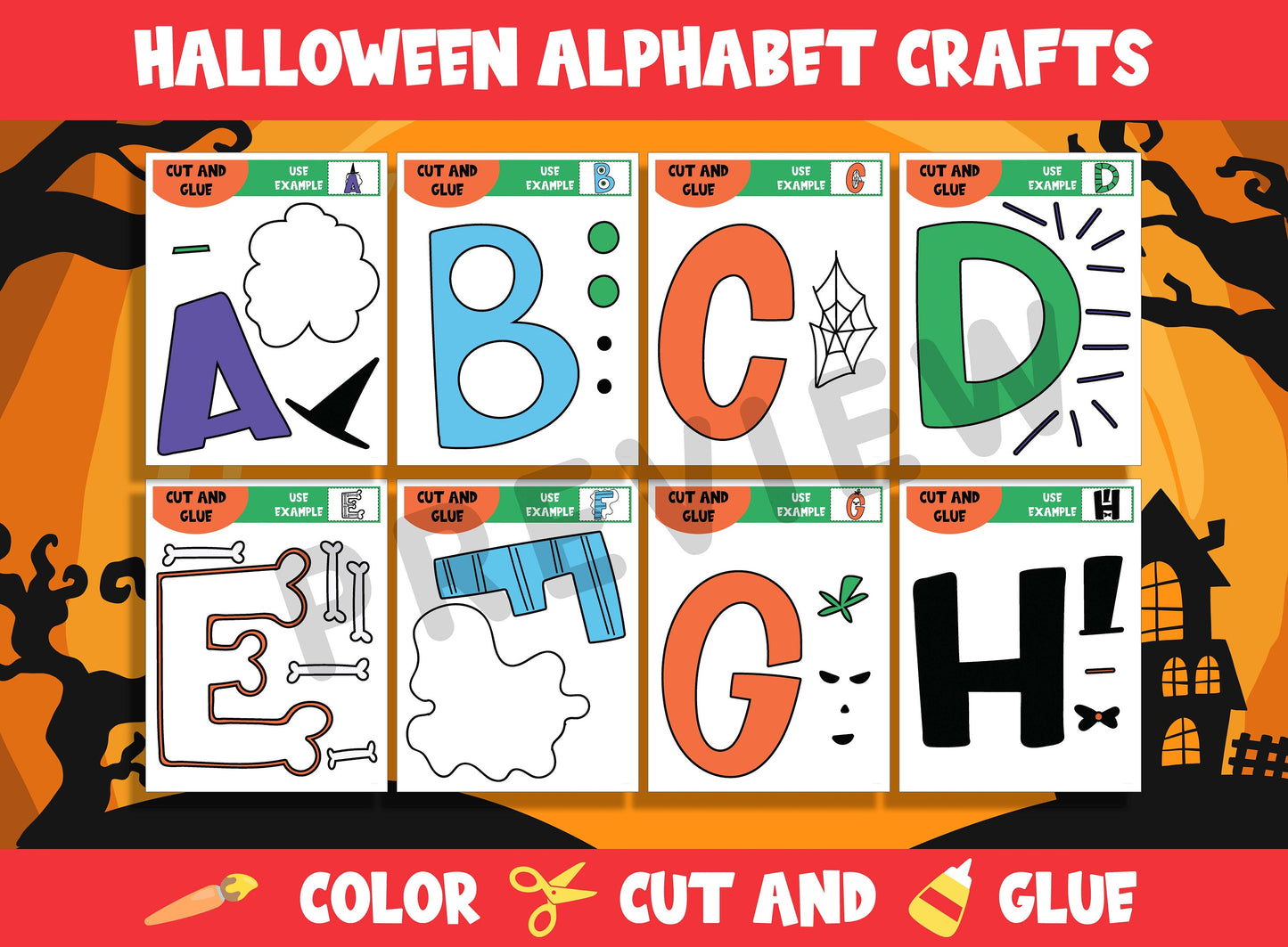 Halloween Alphabet Activities, Spooky ABC Crafts, 53 Pages, A-Z, Color/Cut/Glue, Plus Coloring Version, Free Hide and Seek Game