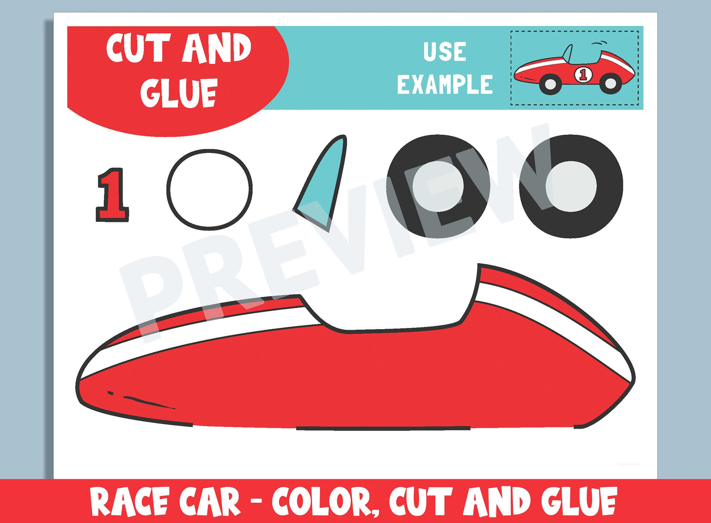 Race Car Craft Activity - Color, Cut, and Glue for PreK to 2nd Grade, PDF File, Instant Download