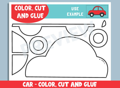 Car Craft Activity - Color, Cut, and Glue for PreK to 2nd Grade, PDF File, Instant Download