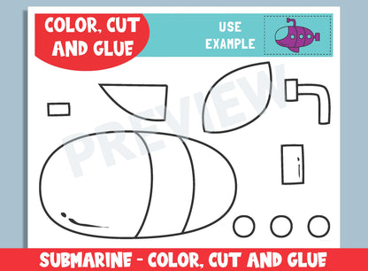 Submarine Craft Activity - Color, Cut, and Glue for PreK to 2nd Grade, PDF File, Instant Download