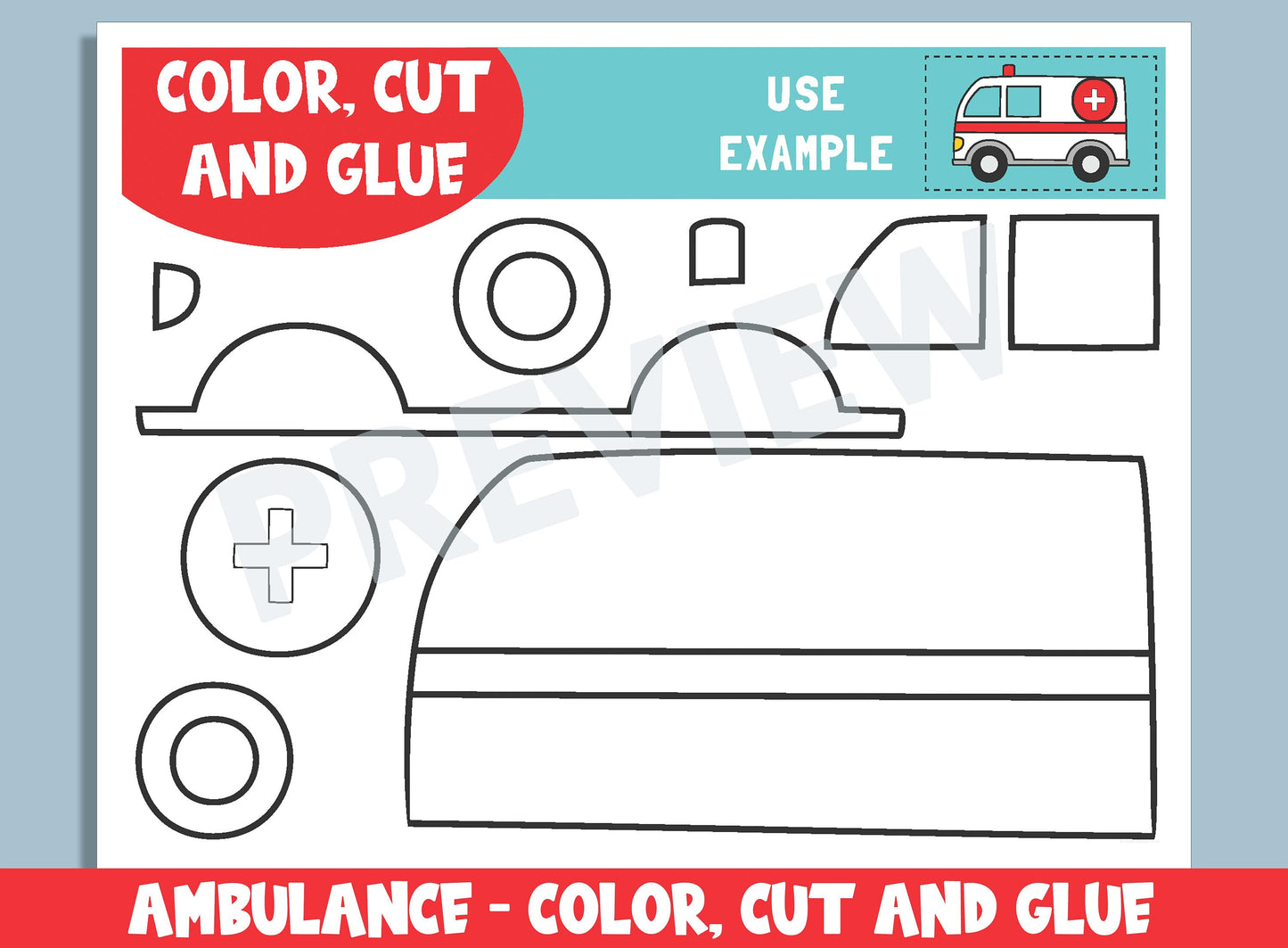 Ambulance Craft Activity - Color, Cut, and Glue for PreK to 2nd Grade, PDF File, Instant Download