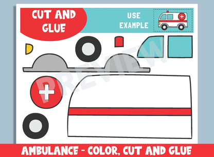 Ambulance Craft Activity - Color, Cut, and Glue for PreK to 2nd Grade, PDF File, Instant Download