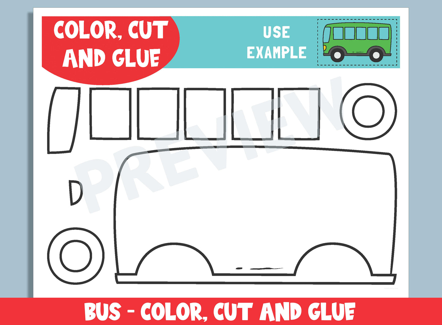 Bus Craft Activity - Color, Cut, and Glue for PreK to 2nd Grade, PDF File, Instant Download